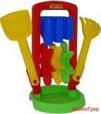 Набор №457: Песочная мельница №4, ведро №9, лопатка №31, грабельки №31, формочки "Фрукты" 3 шт, лейка №10, набор каменщика №5
