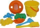 Набор №533: Ведро-замок большое, ситечко-замок, лопатка №5, грабельки №5, формочки (самосвал + паровоз + самолёт), кораблик "Юнга"
