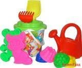 Набор №134: ведро с наклейкой, ситечко "Солнышко", лопатка №5, грабельки №5, 2 формочки, формочки (самосвал + паровоз), лейка большая