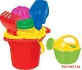 Набор №349: ведро малое с носиком, ситечко-цветок, совок №2, грабельки №2, 2 формочки, лейка малая №3