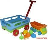 Набор №496: Тележка с ручкой №2 + "Кеша", автомобиль-самосвал + Совок №2, грабельки №2, 4 формочки