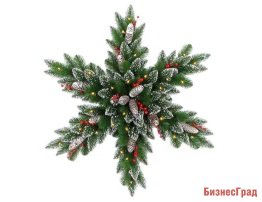 Хвойная композиция СНЕЖИНКА - СИЯНИЕ ГОР с шишками, ягодами, глиттером и 35 LED лампами, батарейки, 81 см, National Tree Co