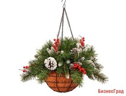 Хвойная композиция ЗАСНЕЖЕННАЯ в кашпо с шишками и ягодами, 36 см, National Tree Co