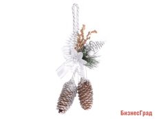 Новогодняя композиция ШИШКИ с бантом (серебряная) 24 см, SNOWMEN