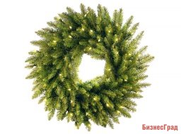 Хвойный венок ДАНХИЛ зеленый с теплыми LED-лампами, 61 см, батарейки, National Tree Co