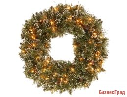 Хвойный венок БРИСТОЛЬ с теплыми LED-лампами, 61см, батарейки, National Tree Co