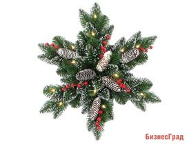 Хвойная композиция СНЕЖИНКА - СИЯНИЕ ГОР с шишками, ягодами, глиттером и 15 LED лампами, батарейки, 46 см, National Tree Co