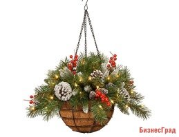 Хвойная композиция ЗАСНЕЖЕННАЯ в кашпо с шишками и ягодами, 36 см, 50 LED огней, National Tree Co